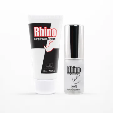 Die 30-ml-Tube Rhino Long Power Creme neben der 10-ml-Flasche Long Power Spray