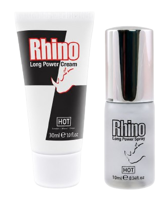 Die 30-ml-Tube Rhino Long Power Creme neben der 10-ml-Flasche Long Power Spray